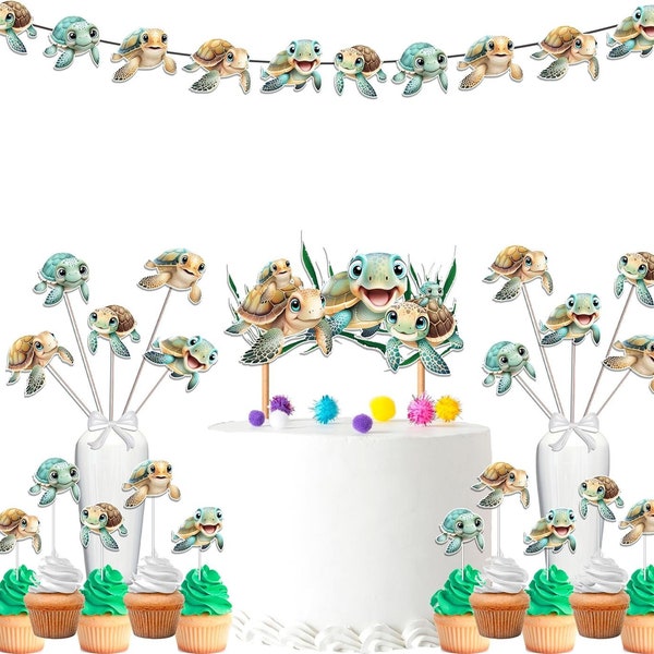 Turtles Baby Shower and Birthday Party Supplies Set - Banner, Centerpieces, Cupcake Toppers, Cake Topper