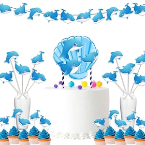 Ensemble d'accessoires pour baby shower et fête d'anniversaire dauphins - bannière, centres de table, décoration de petit gâteau, décoration de gâteau