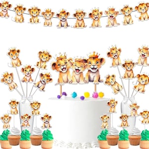 Lion Baby Shower and Birthday Party Supplies Set - Banner, Centerpieces, Cupcake Toppers, Cake Topper