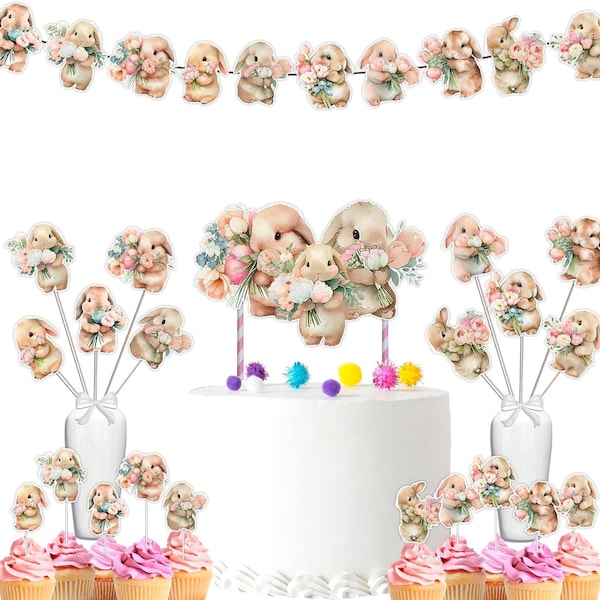 Little Bunny Baby Shower and Birthday Party Supplies Set - Banner, Centerpieces, Cupcake Toppers, Cake Topper