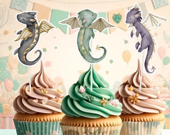 Ephlyn 36Pcs Dragon Party Cupcake Toppers AIS1 Dragon Birthday Party Decoration Fantasy Dragon Cake Decorations Flying Dragon Baby Shower Suppli