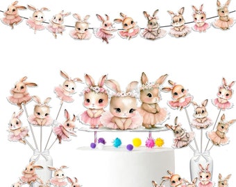Bunnies Baby Shower and Birthday Party Supplies Set - Banner, Centerpieces, Cupcake Toppers, Cake Topper