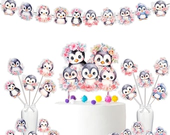 Pink Penguins Baby Shower and Birthday Party Supplies Set - Banner, Centerpieces, Cupcake Toppers, Cake Topper