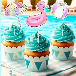 10 pcs Summer Pool Party Theme Cupcake Toppers for kids | Pool Party Party Supplies for Birthday , Baby Shower | Summer Party Supplies