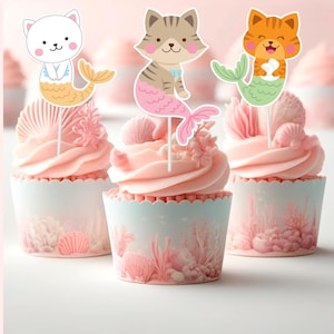 10 pcs Mercats Theme Cupcake Toppers for kids | Mermaid Cats Party Supplies for Birthday Decorations | Under The Sea Cats Party Supplies