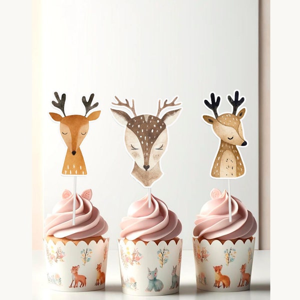 Deer Cupcake Toppers for Baby Shower| Boho Scandinavian Deers Birthday Decorations for kids | Nordic Deer Theme Party Supplies