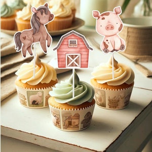 10 Pcs Girl Farm Cupcake Toppers Boho Farm animals Theme | Farm animals Party Supplies for Birthday , Baby Shower | Farm Theme Decoration