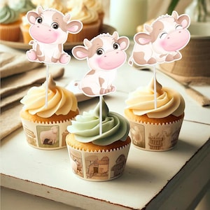 10 Pcs Cow Cupcake Toppers for Baby Shower and Birthday - Farm Animal Decor