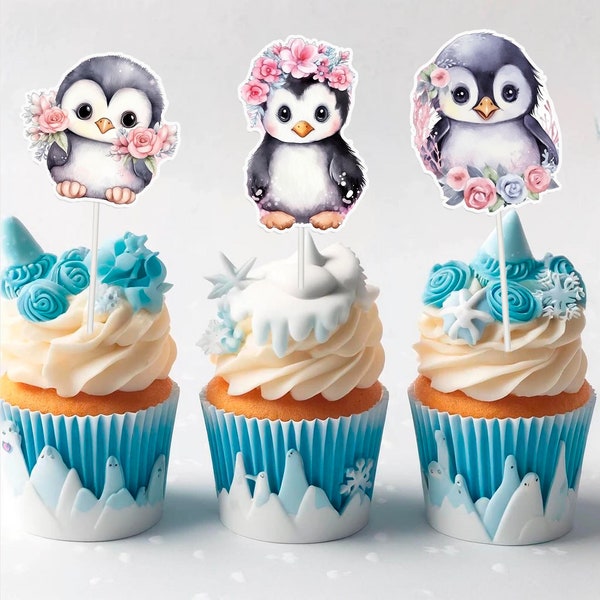 10 pcs Penguin Cupcake Toppers for Baby Shower and Birthday - Arctic Animal Decor