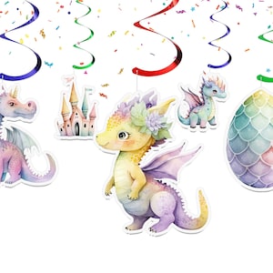 May include: Set of six colorful dragon-themed party decorations. The decorations feature a pink dragon, a yellow dragon, a blue dragon, a castle, a dragon egg, and a swirl of rainbow colors.