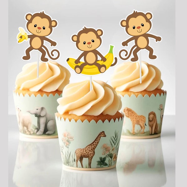 10 pcs Monkey Cupcake Toppers - Playful Monkey Cake Decorations for Fun-Filled Parties