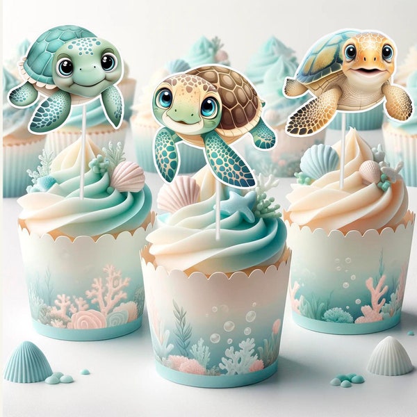 10 pcs Sea Turtle Cupcake Toppers for Baby Shower and Birthday - Ocean Theme Decor