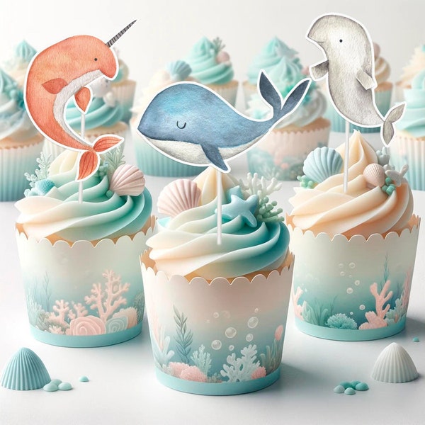 Whales Cupcake Toppers - Set of 10 Adorable Ocean-Themed Cake Decorations for Undersea Parties