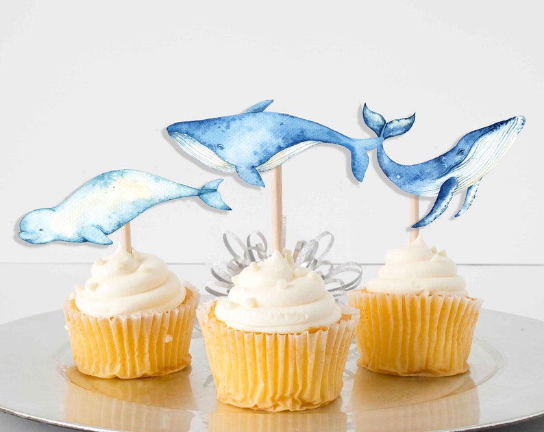 Whales Cupcake Toppers for kids Under The Sea Baby Shower Birthday Decorations for kids Under The Sea Party Supplies Ocean