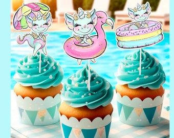 10 pcs Dragons Pool Party Theme Cupcake Toppers for kids | Girls Dragon Party Supplies for Birthday , Baby Shower | Dragons Party Supplies