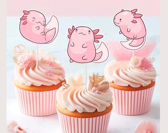 36 Adornos Para Cupcakes De Ajolote Rosa, Decoraciones De Fiesta De Cumpleaños Para Niños Y Niñas, Toppers De Pastel De Dibujos Animados, Baby Shower
