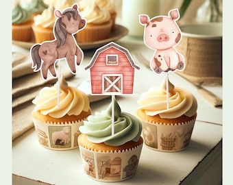 10 Pcs Girl Farm Cupcake Toppers Boho Farm animals Theme | Farm animals Party Supplies for Birthday , Baby Shower | Farm Theme Decoration