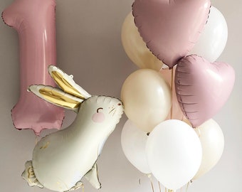 Elegant Bunny and Heart Balloons Set in Soft Pastels for Birthdays, and Spring Celebrations