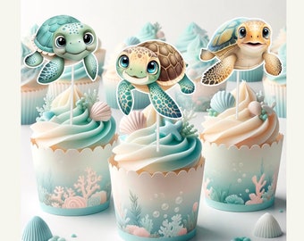 10 pcs Sea Turtle Cupcake Toppers for Baby Shower and Birthday - Ocean Theme Decor