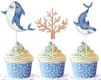 10 pcs Shark Cupcake Toppers for Baby Shower and Birthday - Ocean Adventure Decor