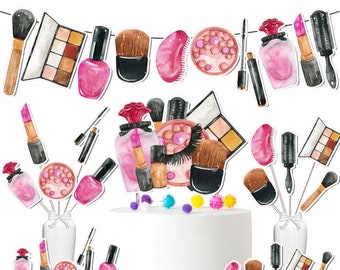 May include: A set of watercolor-style cake toppers featuring makeup and beauty products, including lipstick, nail polish, brushes, and eyeshadow palettes. The toppers are perfect for a beauty-themed party or celebration.