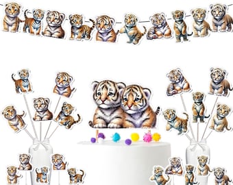 Fierce Tiger Party Decor Set - Wild Jungle Tiger Banners, Cake Toppers, and Cupcake Picks for Animal-Themed Celebrations