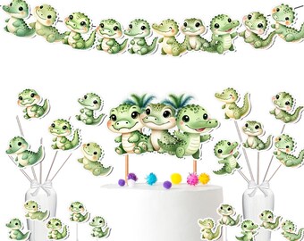 Vrolijke krokodilfeestdecoratieset - schattige krokodilbanners, taarttoppers en cupcakestekkers voor feesten met jungle-thema