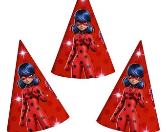 Miraculous Ladybug Paper Hats for Kids. Cartoon Miraculous Ladybug Birthday Party Supplies.