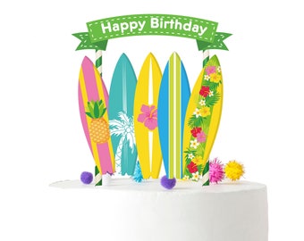 Colorful Surfboard Cake Topper Set - Tropical Beach Themed Birthday Party Decoration - Happy Birthday Banner Included