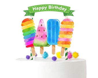 Whimsical Watercolor Ice Cream Cake Topper - Sweet Treats Birthday Decor - With Vibrant Happy Birthday Ribbon.