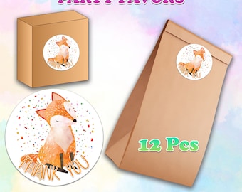 12 pcs Fox Woodland Animals Round Stickers for Favor Bags / Forest Theme Party Supplies / Foxes Birthday Favors