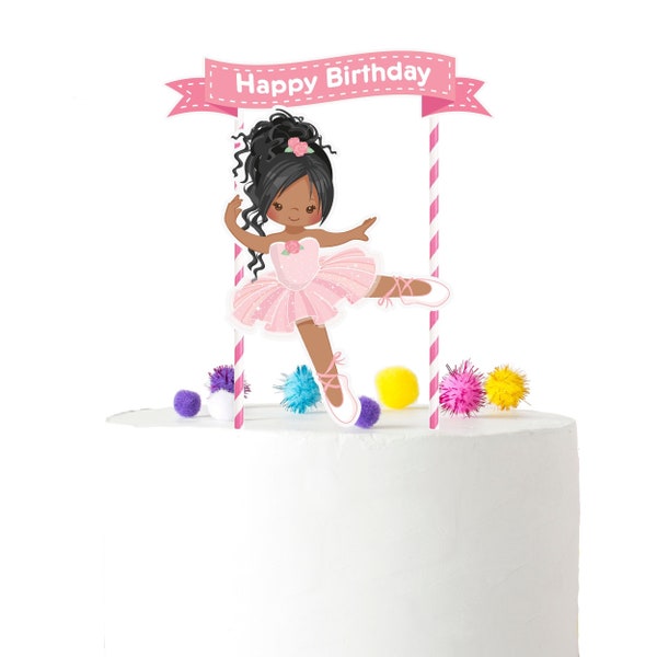 Afro Ballerina Cake Topper with Pink Happy Birthday Banner - Graceful Ballerina Birthday Decoration - Perfect for Dance-Themed Parties