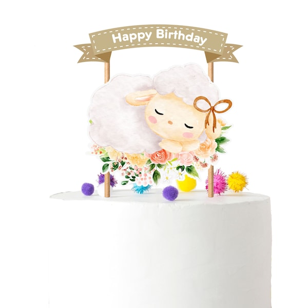 Adorable décoration de gâteau en forme de mouton fabriquée à la main pour un anniversaire - Bannière florale joyeux anniversaire incluse - Parfait pour les fêtes d'anniversaire d'enfants