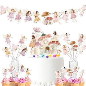 Storybook Fairy Party Set - Centerpieces, Cupcake Toppers, Cake Topper, & Banner for Enchanted Celebrations