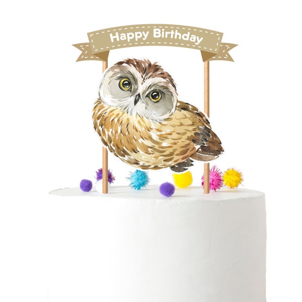 Charming Owl Cake Topper for Birthday - Hand-painted Style Owl Party Decoration - Whimsical Forest-Themed Celebrations