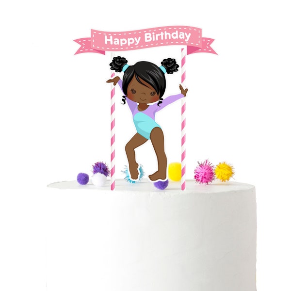 Charming Afro Gymnastic Girl Cake Topper - Celebratory Birthday Decor - Gymnast in Leotard with Happy Birthday Banner