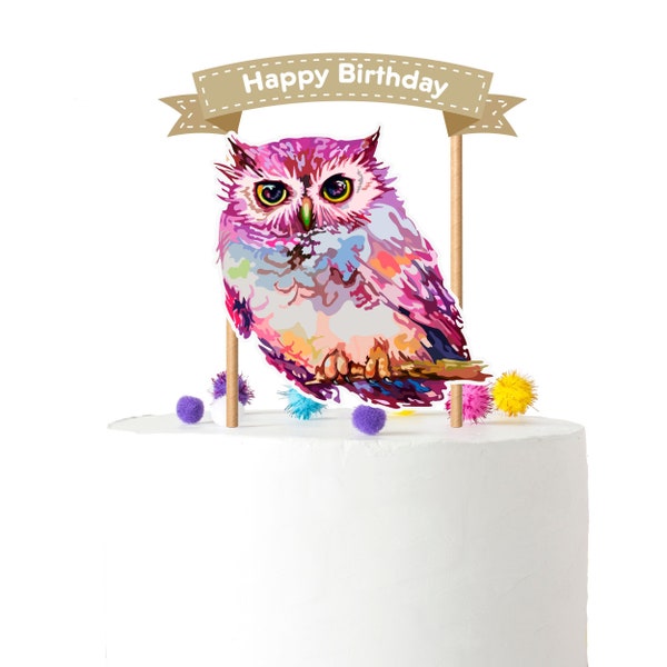 Vibrant Watercolor Owl Cake Topper - Artistic Happy Birthday Decoration - Colorful Bird Topper for Themed Parties