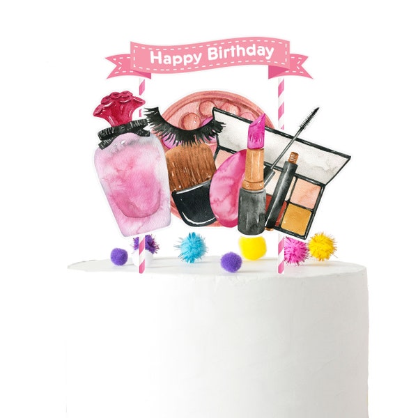Chic Makeup Cake Topper - Glamorous Beauty Birthday Party Decoration - Fashionable Cosmetics-Themed Cake Topper with Happy Birthday Banner