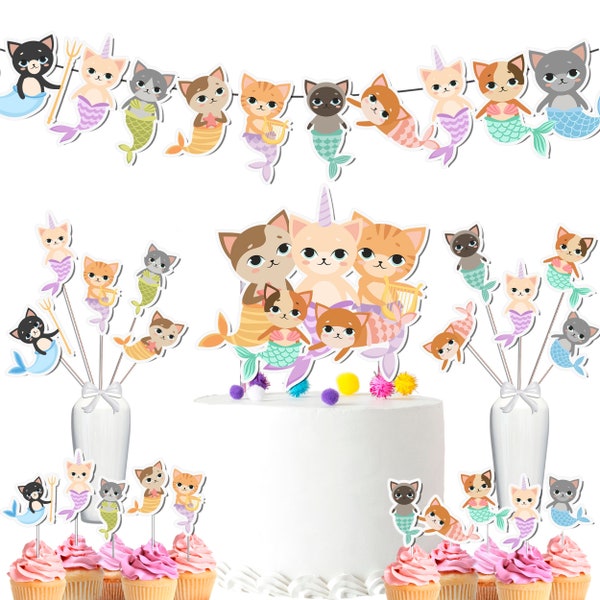 Mermaid Cat Party Decor Set - Whimsical Underwater Adventure for Birthdays & Baby Showers