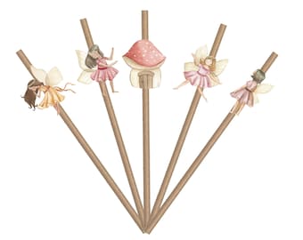 May include: Five brown paper straws with fairy and mushroom toppers. The fairies are wearing pink dresses and have wings. The mushroom is red and white with a small door.