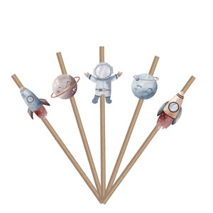 May include: Five brown wooden sticks with different space-themed decorations on top. The decorations include a rocket, a planet, an astronaut, and two planets with rings.