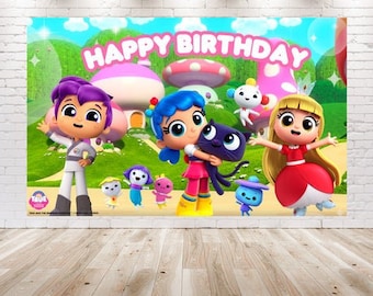May include: A colorful backdrop featuring characters from the True and the Rainbow Kingdom animated series. The backdrop includes True, Bartleby the cat, and other characters from the show. The text "Happy Birthday" is displayed in pink letters at the top of the backdrop.
