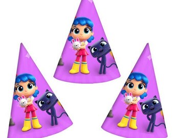 May include: Three purple party hats with a cartoon girl and a black cat on each. The girl has blue hair and is wearing a pink dress and yellow boots. The cat is wearing a red collar. The hats are decorated with stars.