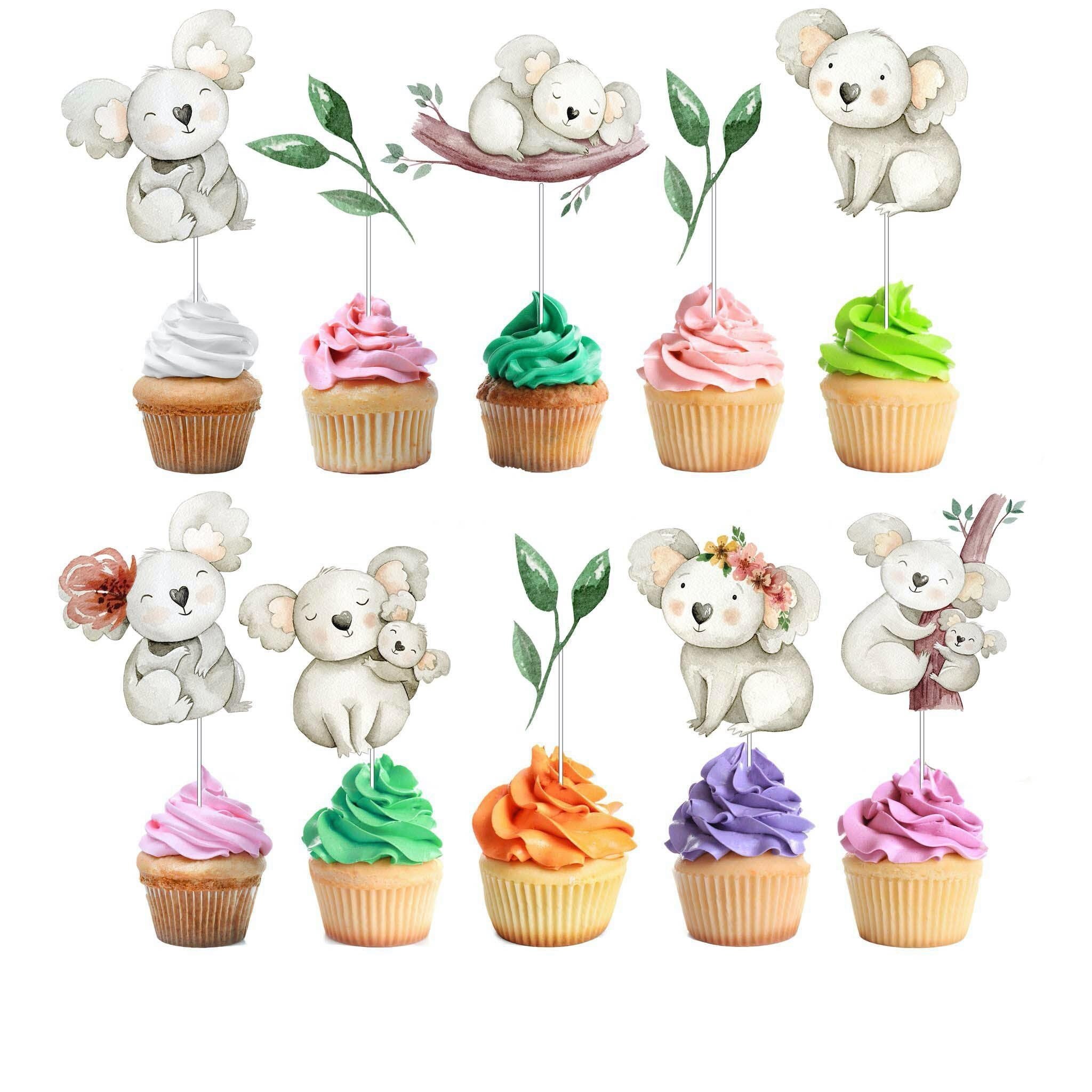 24Pcs Koala Cupcake Toppers - Happy Birthday Cake Decorations For Jungle Animal Theme Parties, Baby Showers