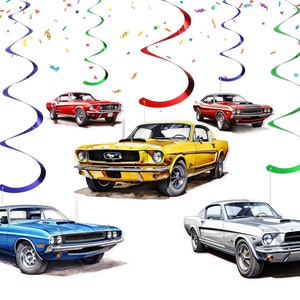 May include: Four classic American muscle cars in different colors: red, yellow, blue, and silver. The cars are suspended from colorful curly streamers, creating a festive party decoration.