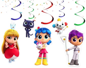 May include: A set of 6 colorful swirl hanging decorations featuring characters from the animated series,  "True and the Rainbow Kingdom". The characters include True, Bartleby,  the King,  the Queen,  and  a purple character with a staff.