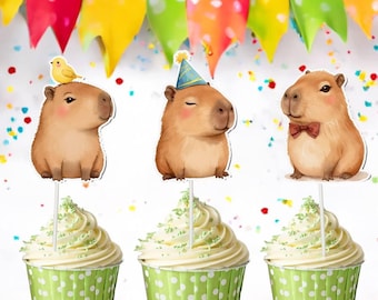 Capybara Cupcake Toppers – 10 Pcs Cute Animal Party Picks for Kids Birthday, Baby Shower, Jungle Theme Party Decorations