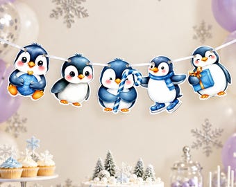 May include: A decorative banner featuring five illustrated penguins in various poses, including holding a blue ornament, a candy cane, and a gift, strung together on a white ribbon against a background with purple balloons and snowflakes.