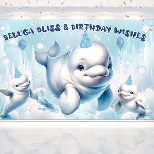 5x3 FT Beluga Whale Backdrop for Ocean-Themed Birthday Celebrations - Beluga Bliss & Birthday Wishes