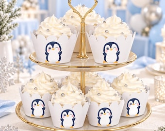 Penguin Cupcake Wrappers, White Scalloped Paper Decorations for Winter Birthdays and Baby Showers